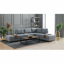 Canapé convertible d'angle droit 4 places et 2 poufs étagères en bois - DOUNIA - Gris